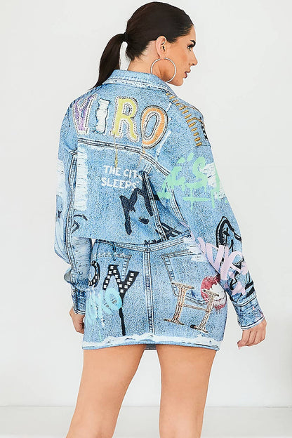 Style the Denim Effect Printed Mini Skirt exclusively at Born To Glam