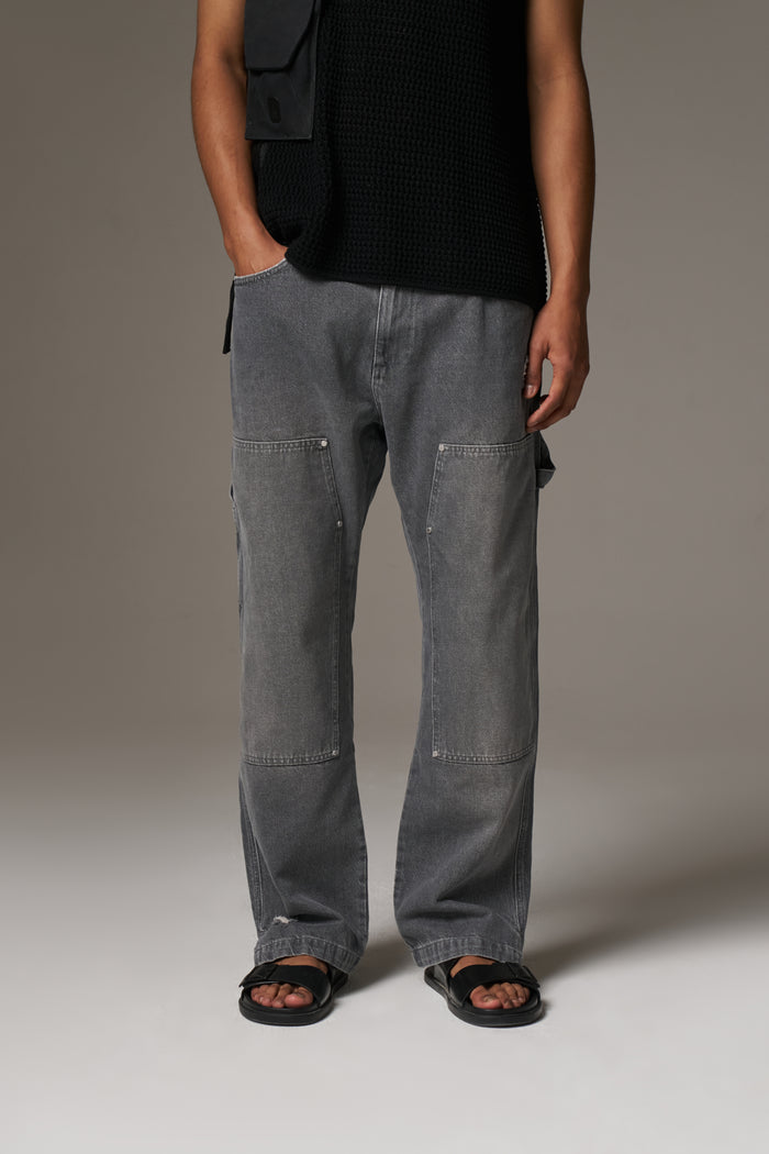 DENIM RIVET DETAIL CARPENTER JEANS - GREY WASH