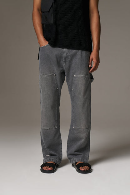 DENIM RIVET DETAIL CARPENTER JEANS - GREY WASH