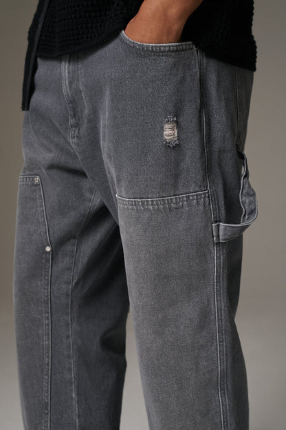 DENIM RIVET DETAIL CARPENTER JEANS - GREY WASH