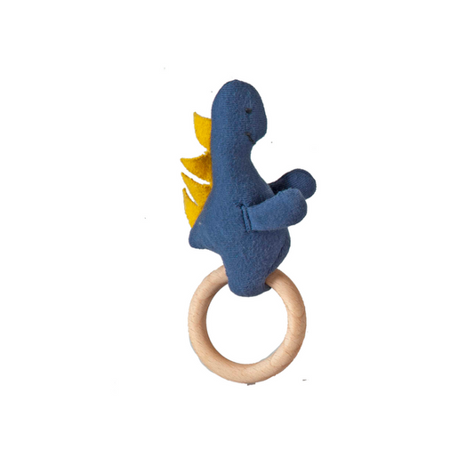 Dino Rattle Knitted Dark Blue & Yellow Stuffed Baby Plush/Soft Toy | 100% Premium Cotton