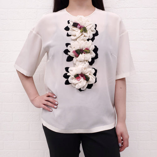DOLCE & GABBANA CREAM SILK BLOUSE WITH FLOWERS - SIZE 40
