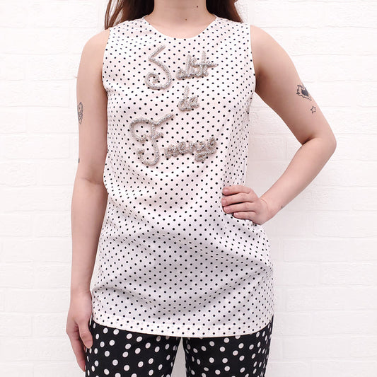 DOLCE & GABBANA WHITE POLKA DOT EMBELLISHED SLEEVELESS BLOUSE - SIZE 38