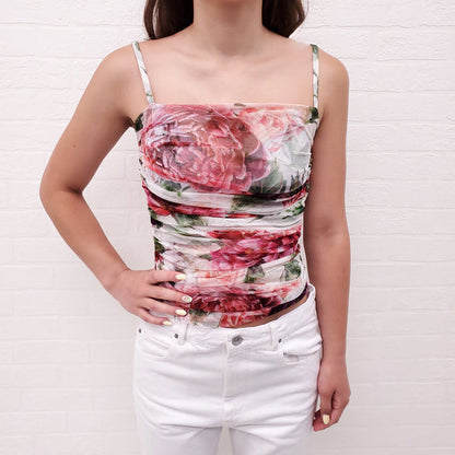 DOLCE & GABBANA WHITE ROUCHED FLORAL MESH TANK TOP - SIZE 40
