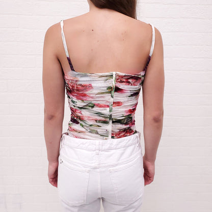 DOLCE & GABBANA WHITE ROUCHED FLORAL MESH TANK TOP - SIZE 40