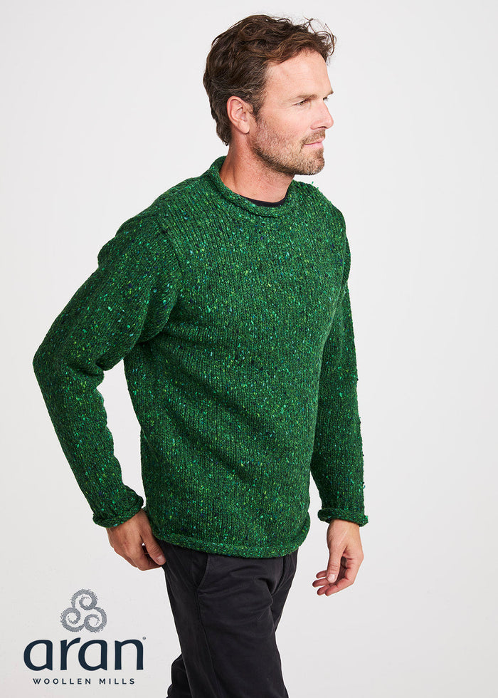 Donegal Roll Neck Fisherman Sweater - Green Fleck | 100% Wool