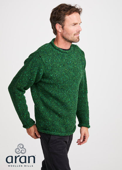 Donegal Roll Neck Fisherman Sweater - Green Fleck | 100% Wool
