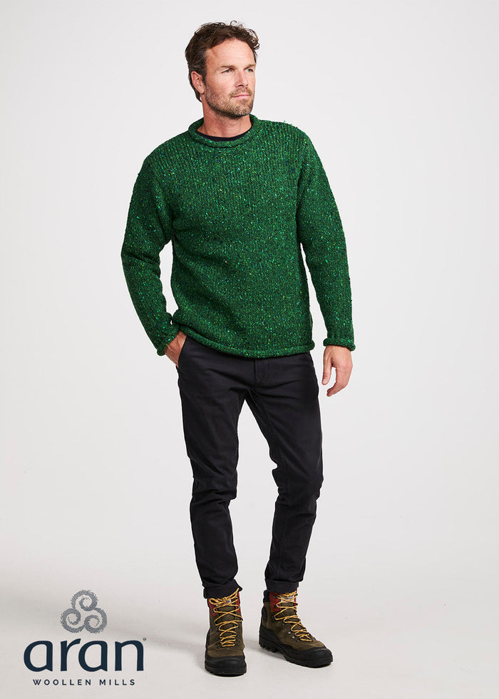 Donegal Roll Neck Fisherman Sweater - Green Fleck | 100% Wool