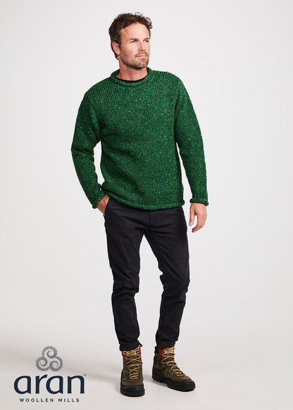 Donegal Roll Neck Fisherman Sweater - Green Fleck | 100% Wool