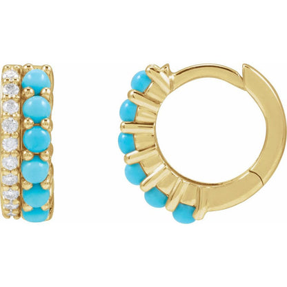 Double Row Diamond & Turquoise Hoop Earrings - 14k Yellow Gold