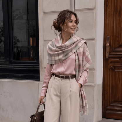 Edinburgh Lambswool Tartan Stole - Soft Luxury Check Wrap with Fringe - Artillery Check Light Pink - Heritage Of Scotland -