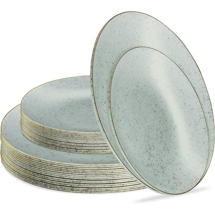 Elegant Plastic Dinner Plates Granite Green Gold Rim Plastic Silverware, 32 Pack - Wichita Home Outlet
