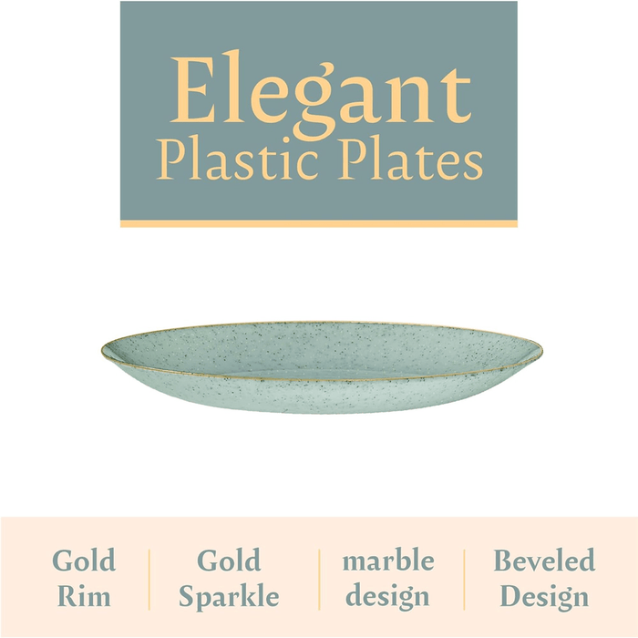 Elegant Plastic Dinner Plates Granite Green Gold Rim Plastic Silverware, 32 Pack - Wichita Home Outlet