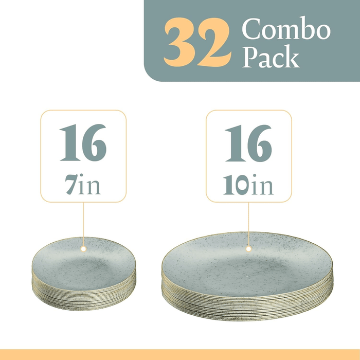 Elegant Plastic Dinner Plates Granite Green Gold Rim Plastic Silverware, 32 Pack - Wichita Home Outlet