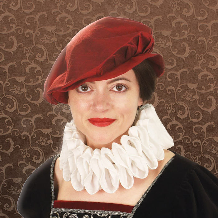 white Elizabethan Ruff has plastic stiffener inside to retain shape, has three snap fasteners to adjust to most neck sizes