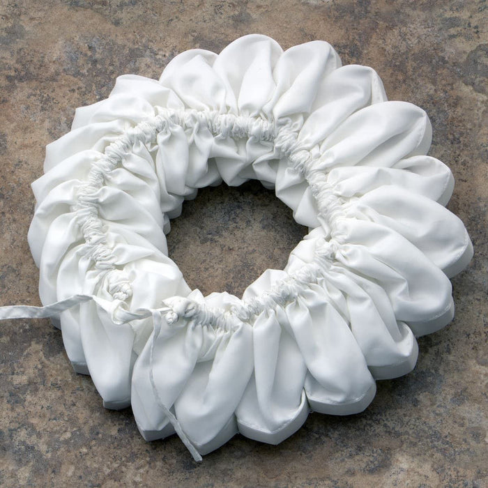 flexible Elizabethan Ruff has plastic stiffener inside to retain shape, has three snap fasteners to adjust to most neck sizes