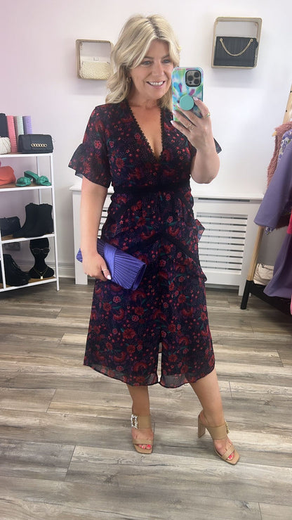 Enya Plunge Front Midi Tea Dress (Navy)