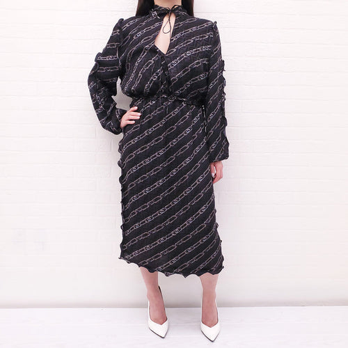 FENDI BLACK SILK CHAIN PATTERNED LOGO DRESS - SIZE 44