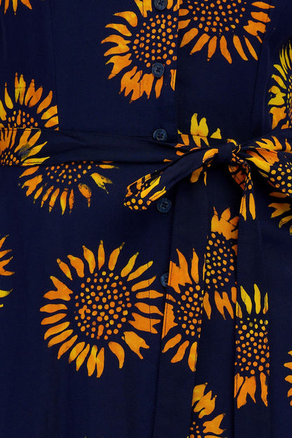 Fiona Batik Midi Shirt Dress (Navy, Sunflowers)