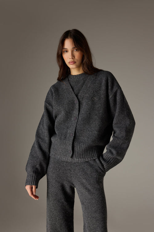 FLUFFY KNIT EMBLEM EMBROIDERED CARDIGAN - CHARCOAL