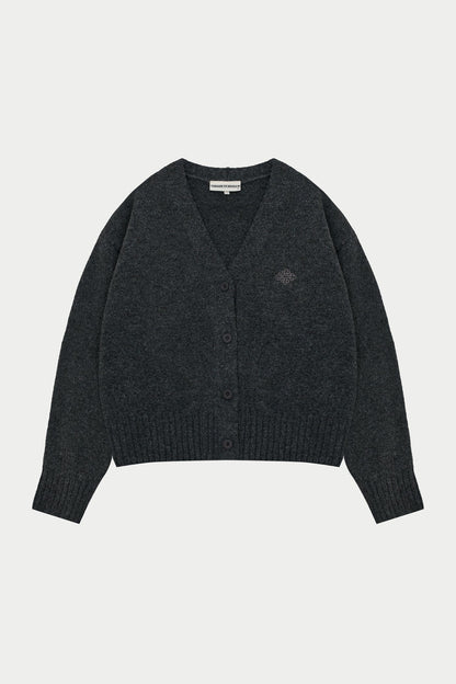 FLUFFY KNIT EMBLEM EMBROIDERED CARDIGAN - CHARCOAL
