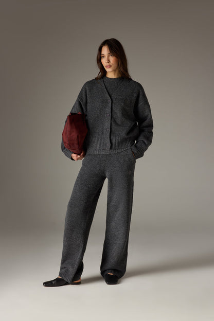 FLUFFY KNIT EMBLEM EMBROIDERED CARDIGAN - CHARCOAL