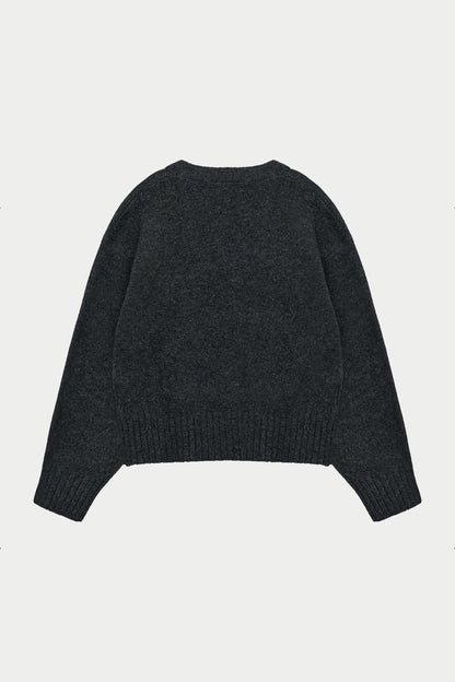 FLUFFY KNIT EMBLEM EMBROIDERED CARDIGAN - CHARCOAL