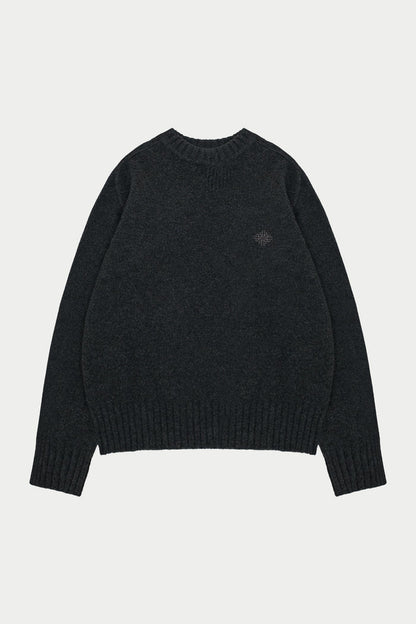 FLUFFY KNIT EMBLEM EMBROIDERED CREW - CHARCOAL