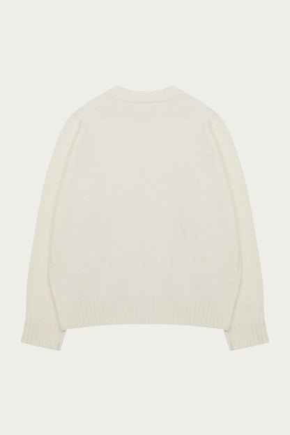 FLUFFY KNIT EMBLEM EMBROIDERED CREW - OFF WHITE