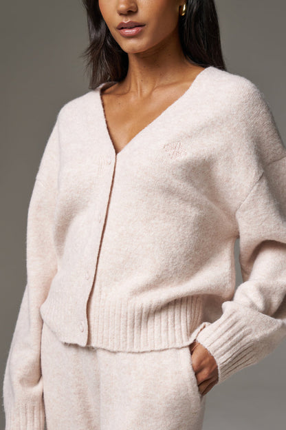FLUFFY KNITTED EMBLEM EMBROIDERED CARDIGAN - PINK