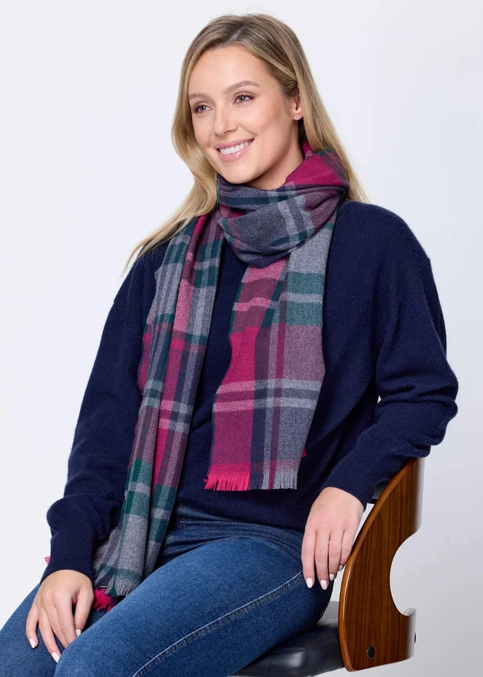 Foxford Green Grey Check Extra Fine Merino Scarf