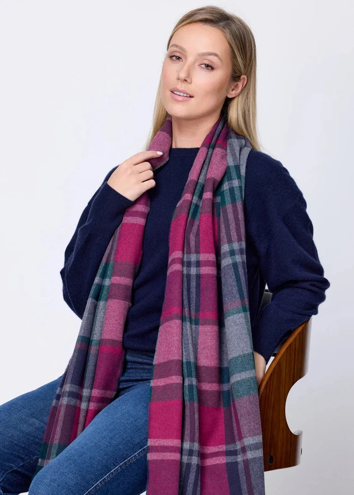 Foxford Green Grey Check Extra Fine Merino Scarf