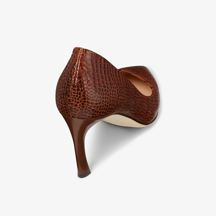 Packshot image of the Ginger pump mini embossed croc in Brown