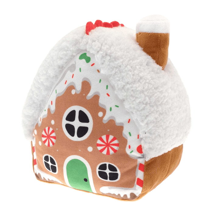 gingerbread house door stop with plush roof and colourful house design to the front on a white background