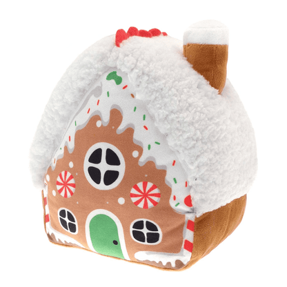 gingerbread house door stop with plush roof and colourful house design to the front on a white background