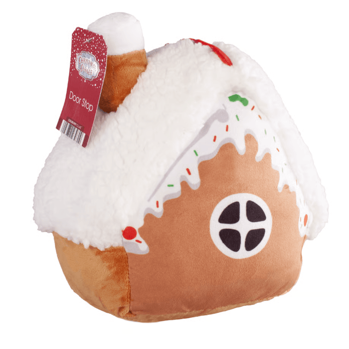 back view of door stop with red and green sprinkles and icing design, small rounded window with red christmas corner, country club branded hang tag