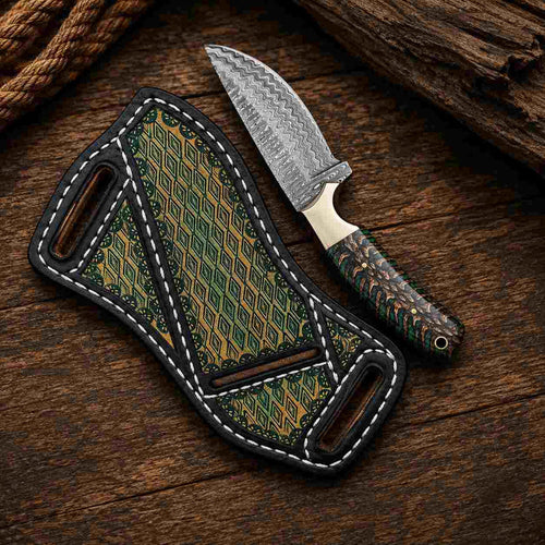 Green Pine Cone Damascus Steel Buckaroo Knife - RFE Marketing Ventures