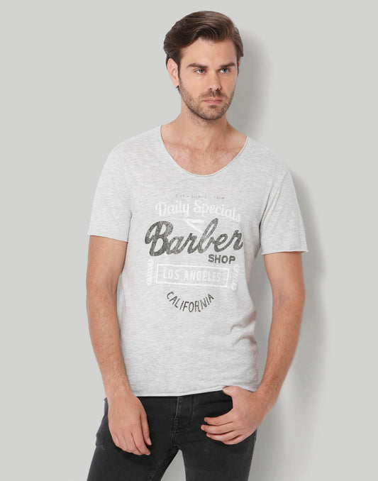 Grey Printed Crew Neck T-Shirt
