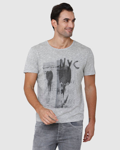 Grey Printed Crew Neck T-Shirt