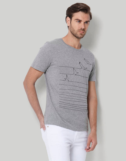 Grey Printed Crew Neck T-Shirt