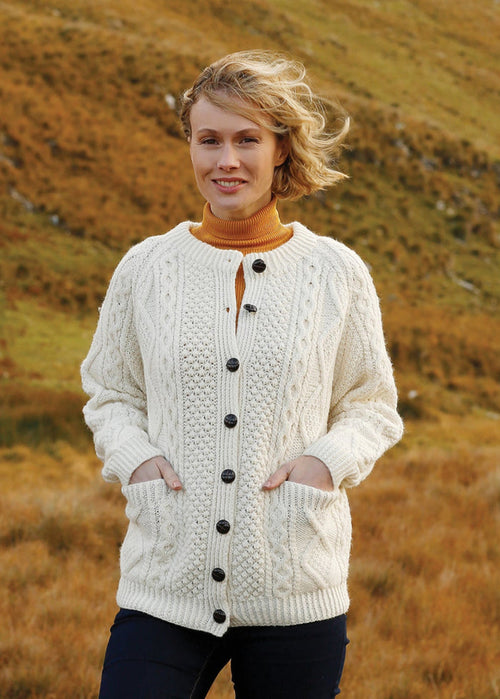 Handknit Aran Lumber Cardigan | Natural