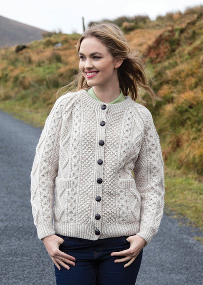 Handknit Aran Lumber Cardigan | Oatmeal