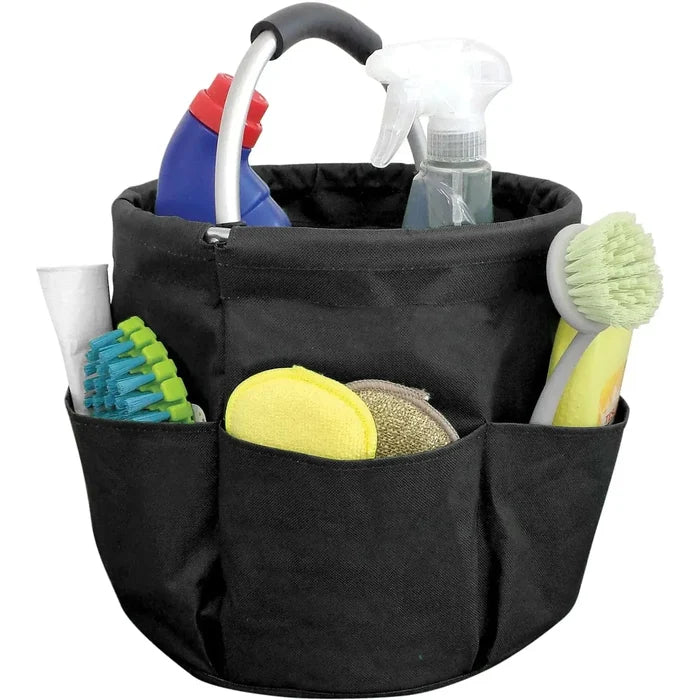 Black folding storage bag with side pockets filled with cleaning accessories