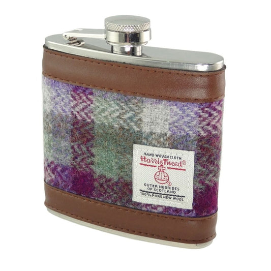 Harris Tweed 6oz Hip Flask - Classic Scottish Gift Idea - Green Small Check (COL133) - Heritage Of Scotland -