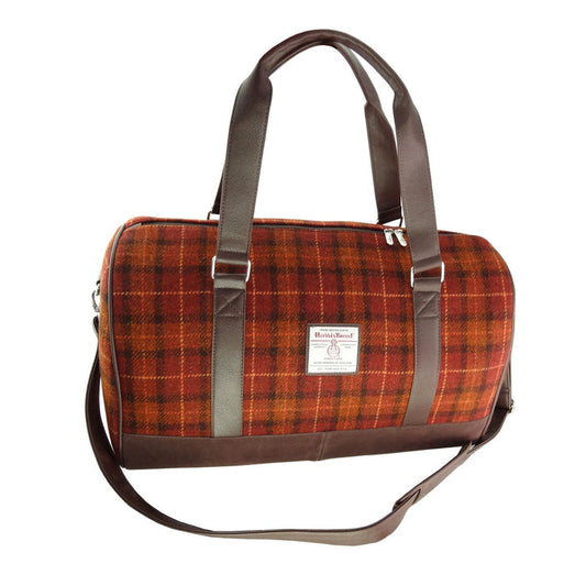 Harris Tweed Clyde Weekend Bag – Spacious Wool Travel Holdall - Rust with Orange Overcheck (COL117)