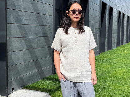 Henley Linen Shirt OLIVE in Beige
