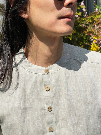 Henley Linen Shirt OLIVE in Beige