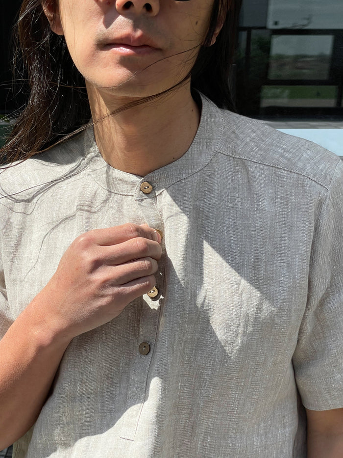 Henley Linen Shirt OLIVE in Beige