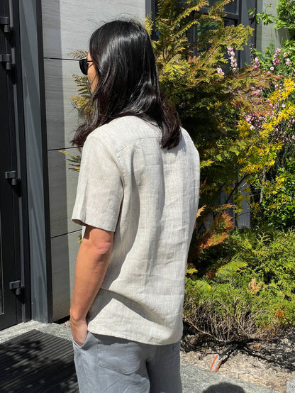 Henley Linen Shirt OLIVE in Beige