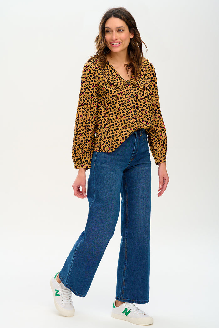 Henna Frill Blouse - Tan, Animal Floral